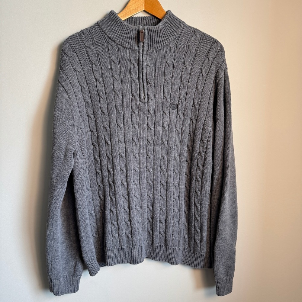 Chaps Mens Cable Knit 1/4 Zip Pullover Sweater Gray Size XL Mock Neck Old Money‎